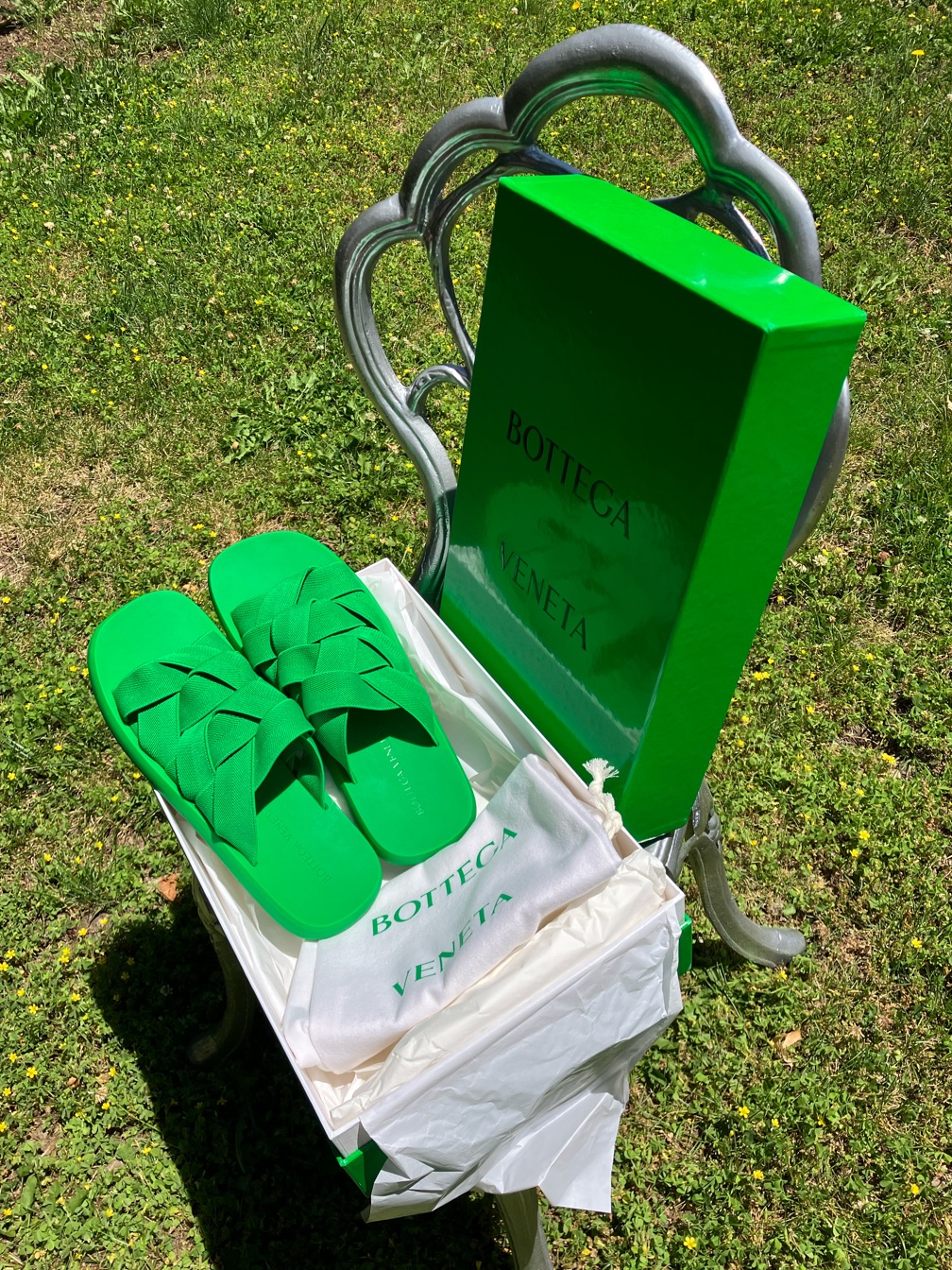 Bottega Veneta Bright Green Plat Slide Sandals Intrecciato Starfish In Grass